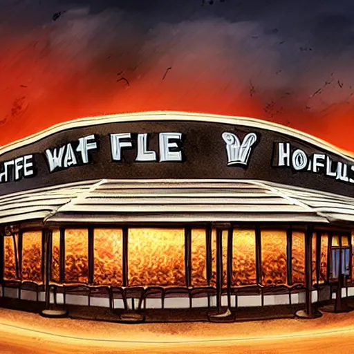 Image similar to a matte painting of a Waffle House inside of Mordor,