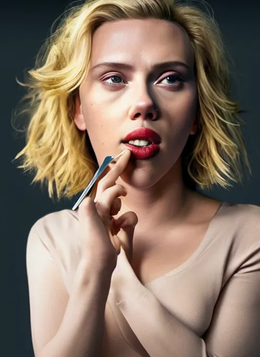 Image similar to scarlett johansson looking at the camera while about to eat yogurt, sadly the container exploded and the yogurt is all over her face. real photo, photoshooting, studio light, black background, intricate, epic lighting, cinematic composition, hyper realistic, 8k resolution, unreal engine 5