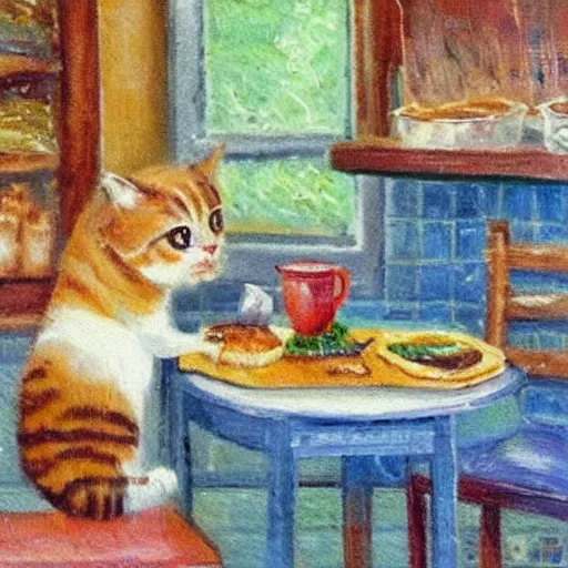 Image similar to a cute cat cooking a breakfast, impressionist painting, masterful