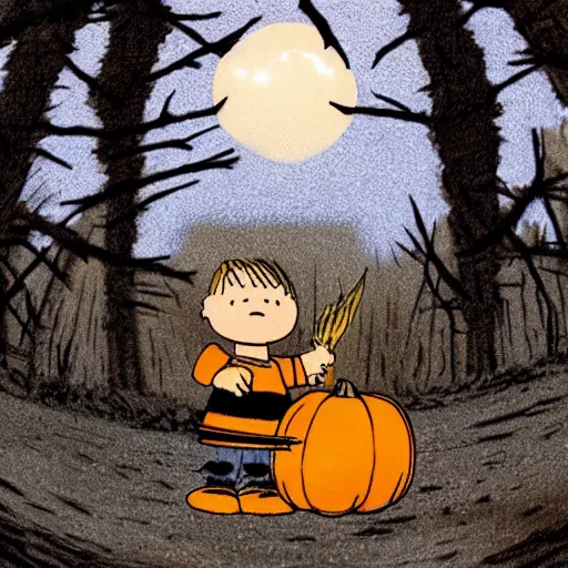 Image similar to pumpkin monster in the blair witch project, charlie brown and linus, night time, ominous,