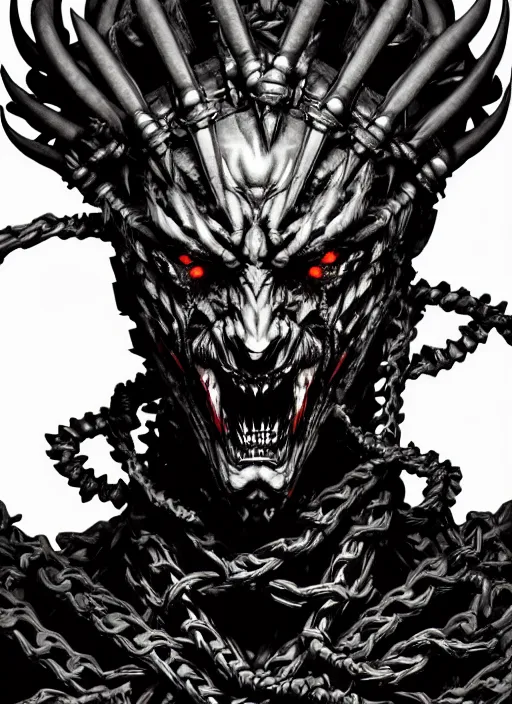 Image similar to scary demon man with twisted face, horns, armour made of chains. in style of yoji shinkawa and hyung - tae kim, trending on artstation, dark fantasy, great composition, concept art, highly detailed, dynamic pose.