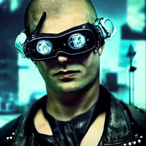 Prompt: damaged photo! of cyberpunk, shaved head, wearing futuristic goggles, leather jacket, wires, cybernetic implants, losot in a machine noir city, grime grunge photorealistic, hyper - real, high details,, in cyberspace photoreal, atmospheric