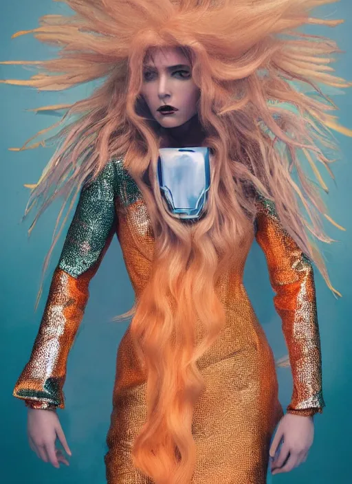 Prompt: vertical photo of polish female in chromatic futuristic suit, blonde, curly hair, symmetrical beautiful face, cyberpunk, native costume, standing in the primitive tent, fashion editorial photography, hyperrealistic, from vogue magazine, reflections, refraction, gold, teal, orange