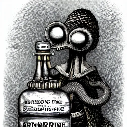 Image similar to a grinning anthropomorphic snake selling bottles of medicine, fantasy, steampunk, hr giger