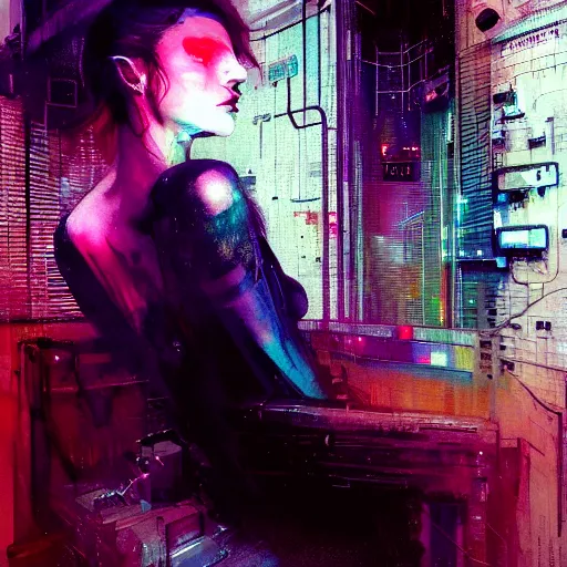 Image similar to beautiful young cyberpunk noir woman vr dreaming of a nightmare glitchcore world of wires, and machines, by jeremy mann, francis bacon and agnes cecile, and dave mckean ink drips, paint smears, digital glitches glitchart