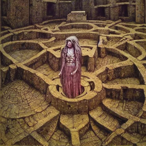 Image similar to theseus in the labyrinth, extra detailed, photorealistic, oil painting by beksinski and dore