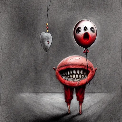 Image similar to surrealism grunge cartoon portrait sketch of a circular monster with a wide smile and a red balloon by - michael karcz, loony toons style, the conjuring style, horror theme, detailed, elegant, intricate