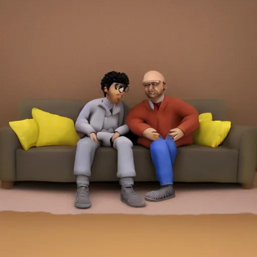 Image similar to photorealistic claymation, two guys sitting on a couch, messy table, watching tv, 3D, highly detailed,