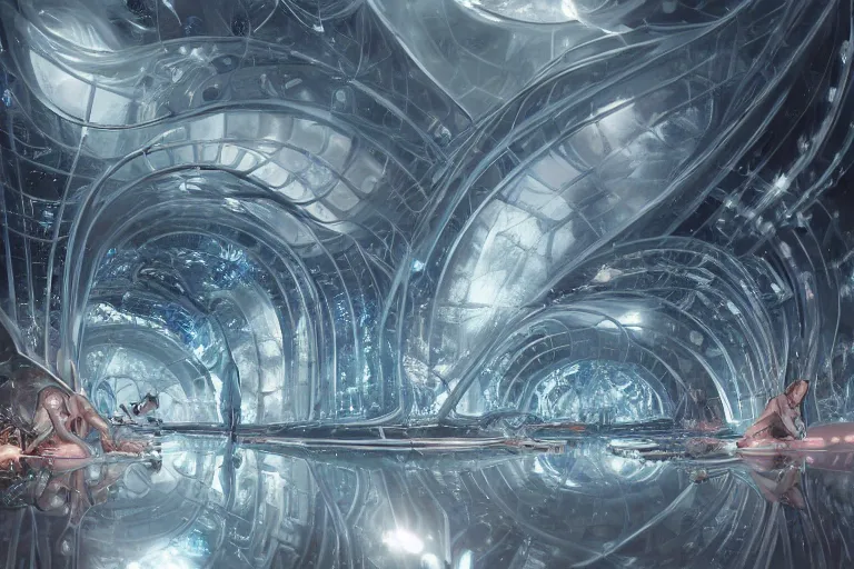 Image similar to cinematic inside a nautilus hall of mirrors, cybernetic circuitry, glowing pulses and reflections, shimmer water surface reflections in silver mirrors, pulses of gnostic energy, the deepest secrets, by jessica rossier and mc escher