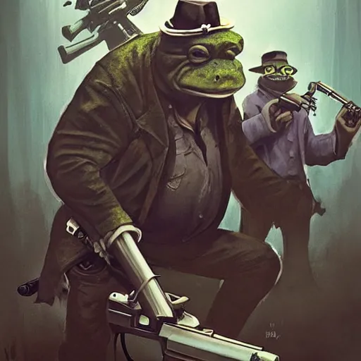 Prompt: badass gangsta frog. a frog mafia boss holding gun. nuri iyem, james gurney, james jean, greg rutkowski, anato finnstark. instagram photo shoot, extremely detailed