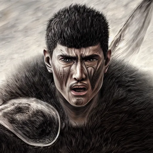 Image similar to photorealistic digital painting portrait of guts from berserk extremely detailed, made by wlop and maxwell boas