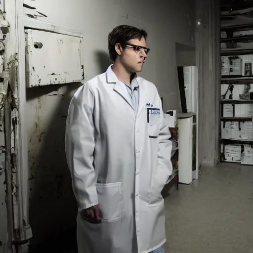 Image similar to a male scientist wearing a lab coat lost suit inside the very dark empty unsettling creepy backrooms, liminal space, horror scene