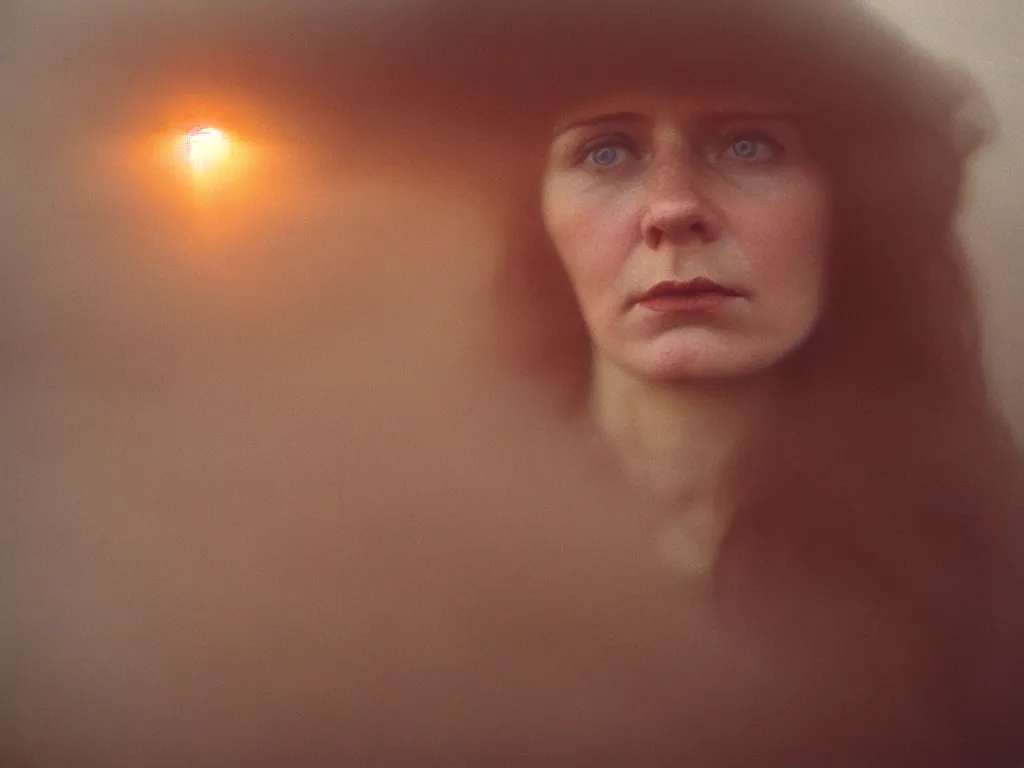 Prompt: close up portrait bust of woman, solemn expression, faded color film, russian cinema, tarkovsky, kodachrome, heavy forest, wood cabin in distance, shallow depth of field, long brown hair, old clothing, heavy fog, atmospheric haze, brown color palette, sunset, low light, hudson river school, 4 k, dramatic lighting