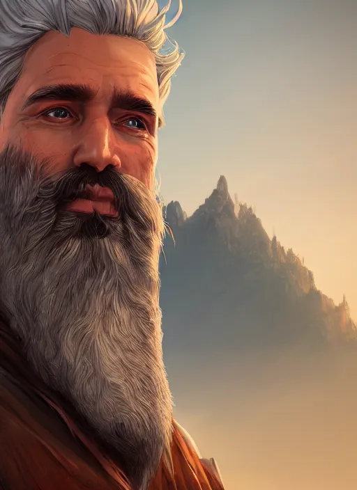 Prompt: A comic book style portrait painting of a wizard with a beard in a stunning fantasy landscape, unreal 5, DAZ, hyperrealistic, octane render, RPG portrait, dynamic lighting