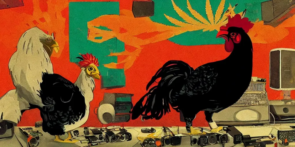 Image similar to 'black rooster'!!! smoking 'cannabis'!!!!!! in front of 'audio console'!!!! and 'multi monitors and projectors'!!!! 'in a hi-tech tv broadcasting studio with red camera rig'!!!!, artwork by James Gilleard