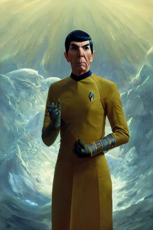 Prompt: portrait photograph of spock as a glorious regal space king, sleek outfit, upper body, fantasy, handsome, depth of field, soft focus, highly detailed, intricate, realistic, national geographic cover, soft glow, textured, artstation, concept art, sharp focus, illustration, art by artgerm and greg rutkowski and alphonse mucha