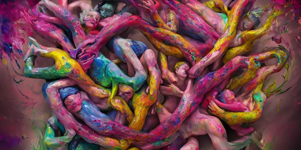 Image similar to closeup photograph of a surrealist sculpture human bodies intertwined, a lovely cornucopia of flowers and human body parts, body parts, paint pour, swirling paint, highly detailed, octane render, cinematic