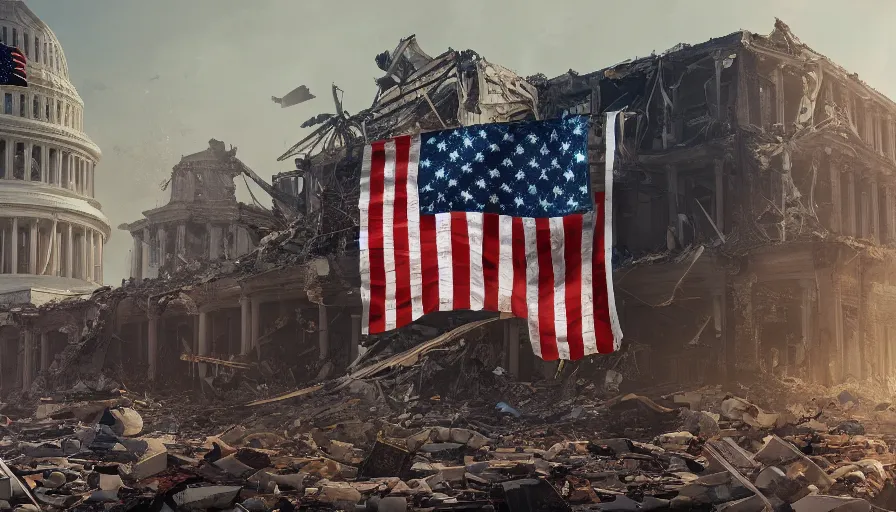 Image similar to american flag hanging on the remains of a building in destroyed washington dc, hyperdetailed, artstation, cgsociety, 8 k