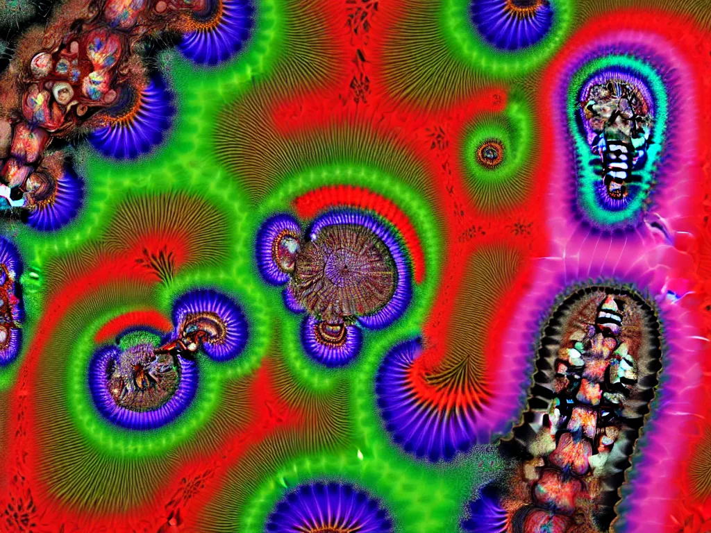 Image similar to a fractal kaleidoscope portrait of a beautiful colorful ( flesh - eating ) yamazaku covered in rainbow fur, eating the leg of a screaming man, ground covered in maggots, schizophrenic hallucination, fear, morbid, nightmare, supernatural, 8 k, hd photography, highly detailed, chiaroscuro, terrifying