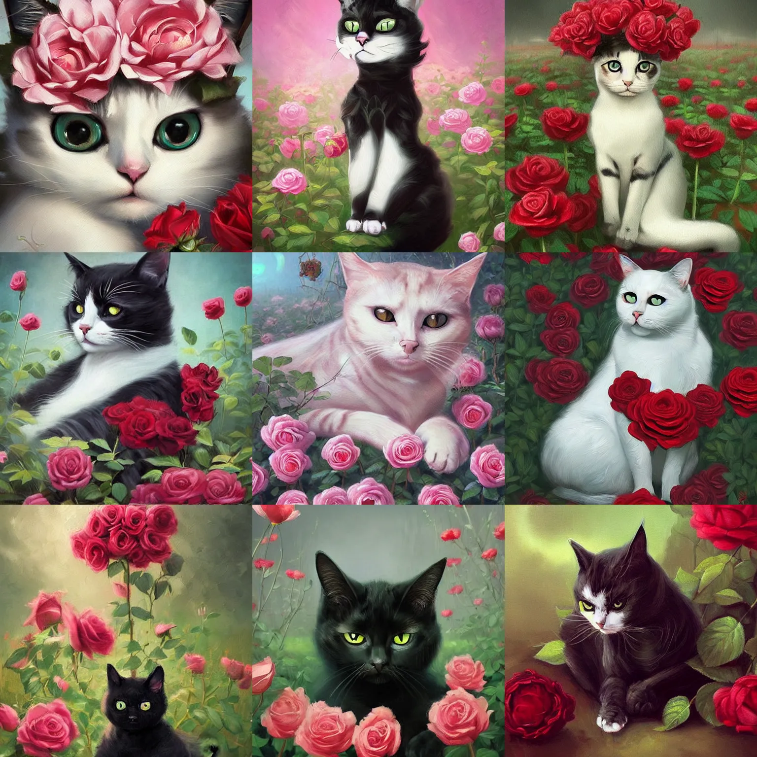 Prompt: a painting of a cat sitting in a field of roses, a fine art painting by cindy avelino, pinterest, gothic art, detailed painting, enchanting, whimsical