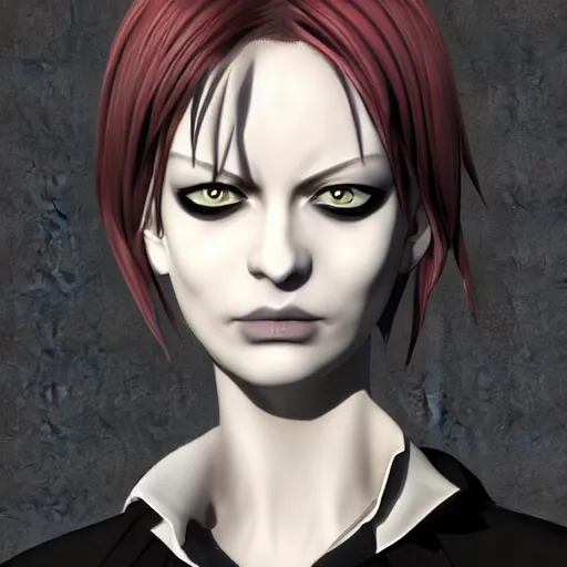 Image similar to christina hendricks as death note anime characters, 3 d render, blender,