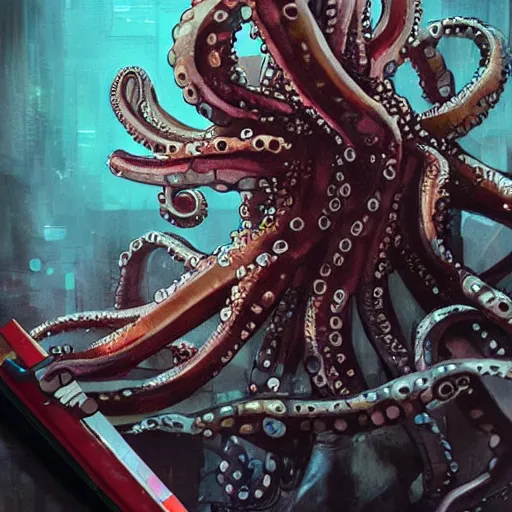 Prompt: Octopus using a computer, cyberpunk, realistic, detailed, Industrial Scifi, paint, watercolor, in the style of Ashley Wood and Wadim Kashin