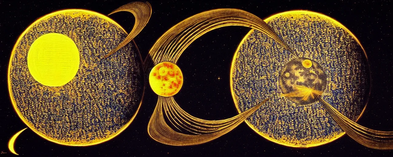 Image similar to the sun radiates a unique canto'as above so below'to the moon, while being ignited by the spirit of haeckel and robert fludd, breakthrough is iminent, glory be to the magic within, in honor of saturn, painted by ronny khalil