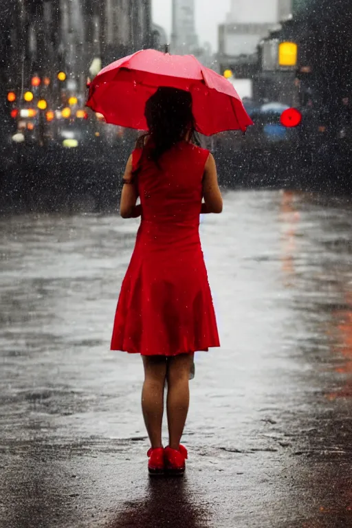 Prompt: a girl in a red dress crying in the middle of a city while its raining