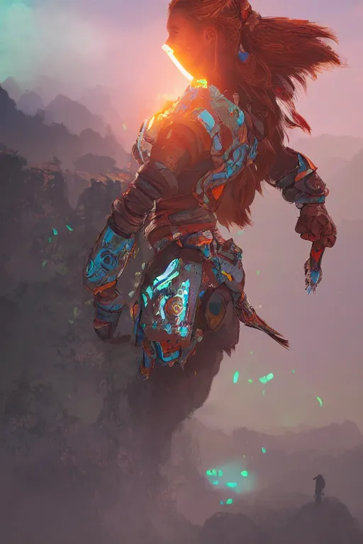 Image similar to combination suit armor aloy horizon forbidden west horizon zero dawn radiating a glowing aura global illumination ray tracing hdr fanart arstation by ian pesty and alena aenami artworks in 4 k tribal robot ninja mask helmet backpack