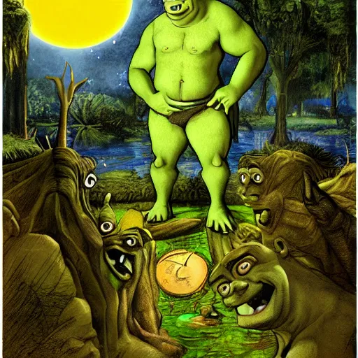 Prompt: shrek, in the swamp, at the birth of the universe, spotlight, by annibale carracci, artstation