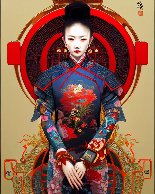 Image similar to portrait of a chinese cyberpunk machine, machine face, arms, upper half portrait, decorated with chinese opera motifs, regal, asian, fine china, wuxia, traditional chinese art intricate intense elegant 京 剧 highly detailed digital painting artstation concept art smooth sharp focus illustration, art by artgerm and greg rutkowski alphonse mucha 8 k