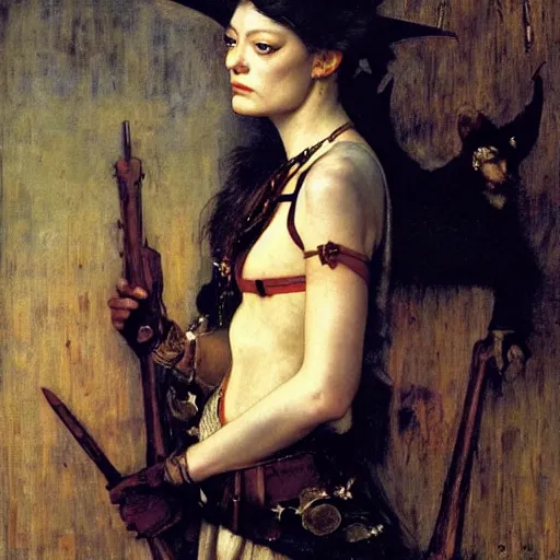 Prompt: emma stone as a bandit queen, goddes of the vampires by edgar maxence and caravaggio and michael whelan and delacroix