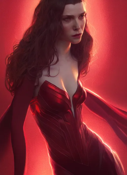 Image similar to Scarlet Witch, full body portrait, hyper detailed, digital art, trending in artstation, cinematic lighting, studio quality, smooth render, unreal engine 5 rendered, octane rendered, illustration, art by wlop and klimt and krenz cushart