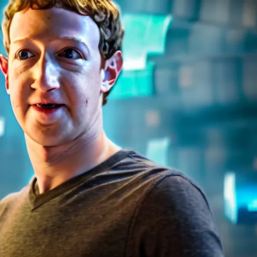 Image similar to Mark Zuckerberg in Ready Player One, movie still, promo material, EOS-1D, f/1.4, ISO 200, 1/160s, 8K, RAW, unedited, symmetrical balance, in-frame, Photoshop, Nvidia, Topaz AI