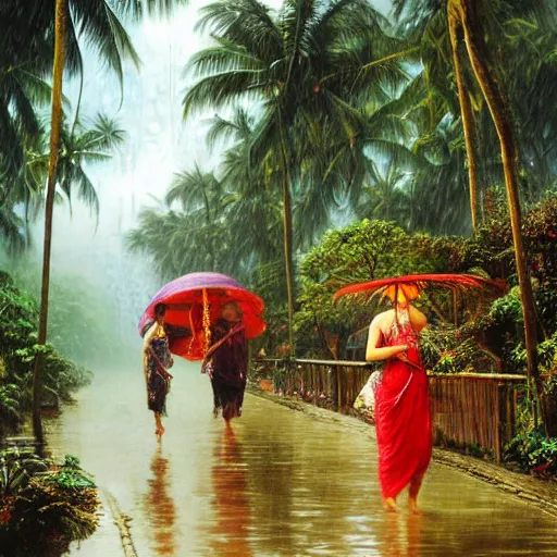 Image similar to monsoon on tropical island, attractive oriental woman, ornate, beautiful, atmosphere, vibe, mist, coconuts, rain, wet, pristine, puddles, melting, dripping, snow, creek, lush, ice, bridge, forest, roses, flowers, by stanley artgerm lau, greg rutkowski, thomas kindkade, alphonse mucha, loish, norman rockwell