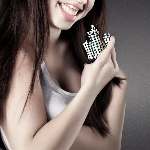 Image similar to a young woman holding a chess piece in her hands while smiling seductively, photo realistic, hyper detailed