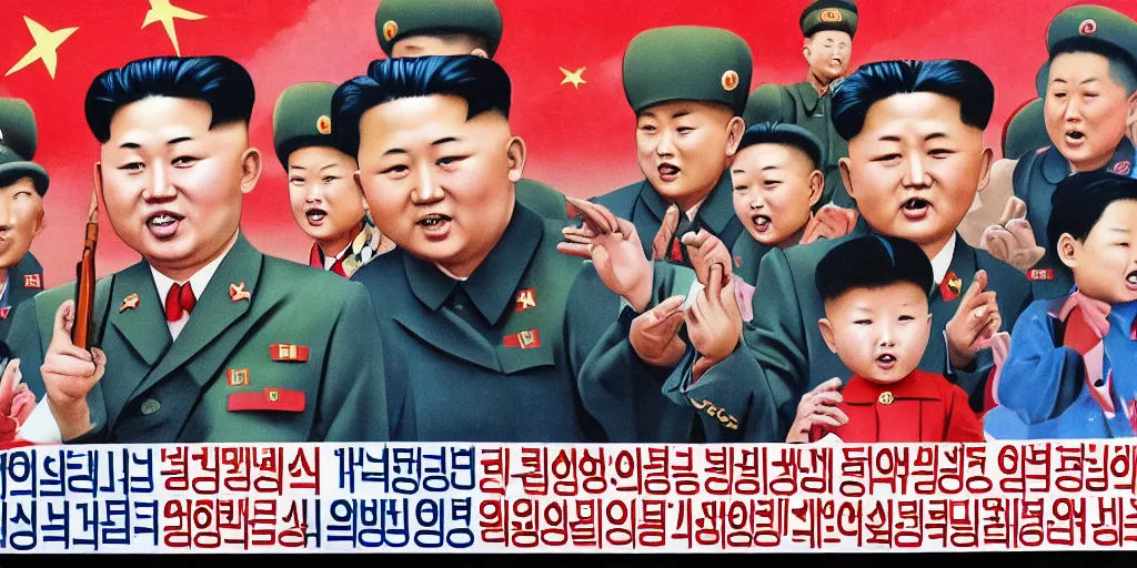 Image similar to north korean propaganda poster with children surrounding dear leader and generals crying in the background