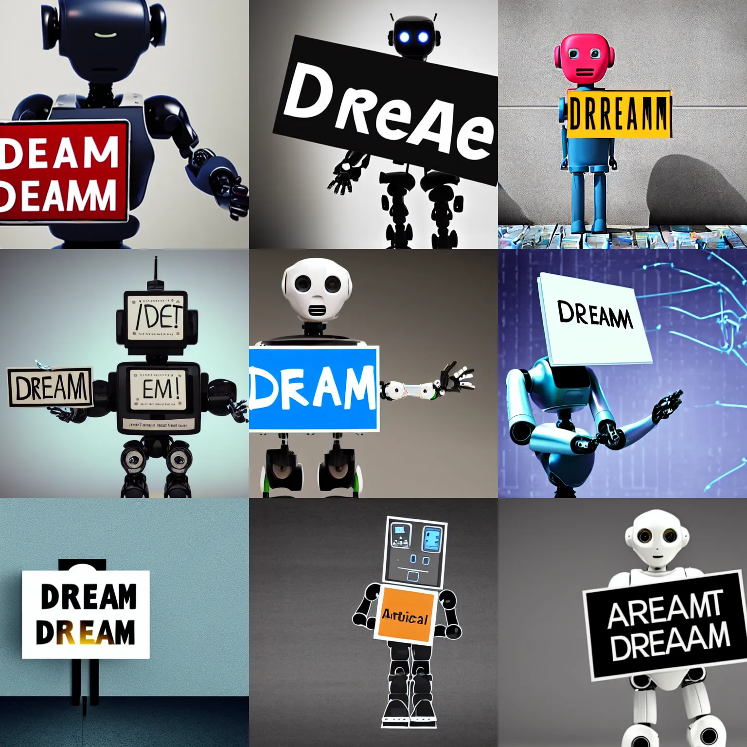 Image similar to artificial intelligence robot holding a sign with text that reads : dream