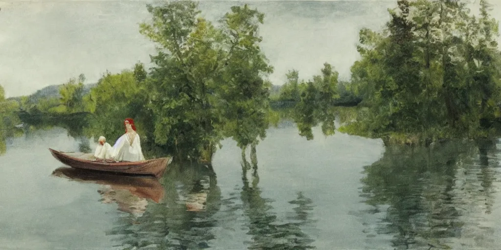Prompt: a woman wearing a white dress in a row boat on a calm lake with a forest in the background, in the style of anders zorn