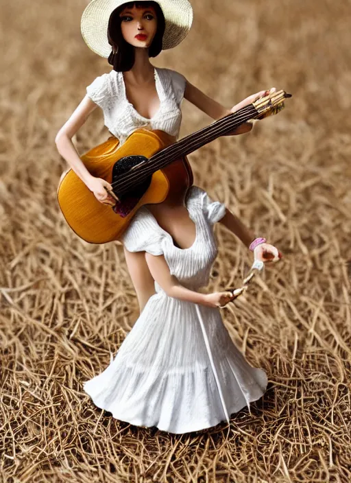 Image similar to Fine Image on the store website, eBay, Full body, 80mm resin figure of a cute girl in straw hat and white dress playing guitar, environmental light from the front