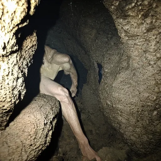 Image similar to photo inside a cavern of a scary humanoid partially hidden in the shadows behind a rock with wet lizard skin and a mouth with sharp tooth and black eyes