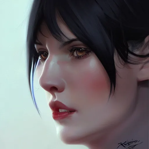 Image similar to portrait of beautiful young woman with black-hair and bangs, highly detailed, digital painting, artstation, concept art, sharp focus, illustration, art by ilya kuvshinov, krenz cushart, Greg Rutkowski