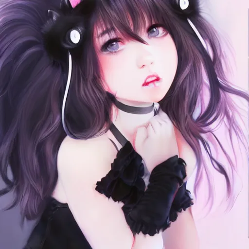 Image similar to realistic beautiful gorgeous buxom natural cute blushed shy girl Blackpink Lalisa Manoban black hair cute fur black cat ears, wearing white camisole, headphones, black leather choker artwork drawn full HD 4K highest quality in artstyle by professional artists WLOP, Taejune Kim, Guweiz on Pixiv Artstation