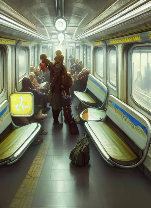 Prompt: perfectly - empty subway train interior, intricate, highly detailed, digital painting, artstation, concept art, smooth, sharp focus, illustration, unreal engine 5, 8 k, art by artgerm and greg rutkowski and alphonse mucha