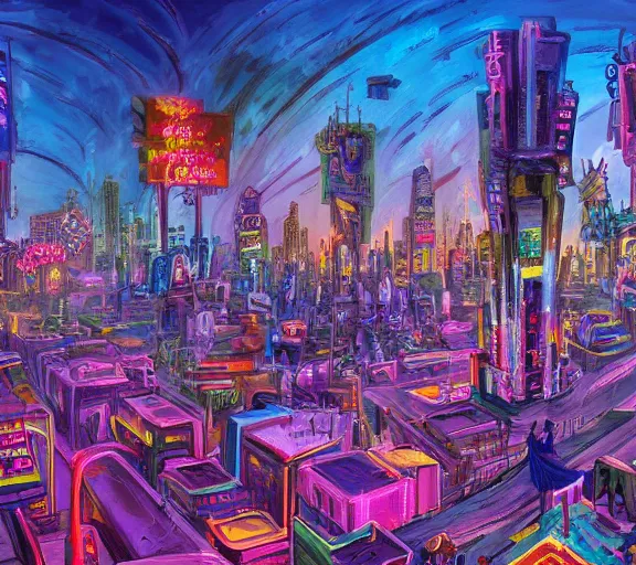 Image similar to surreal colorful nightmarish cityscape, 4k artwork by Ralph Bakshi