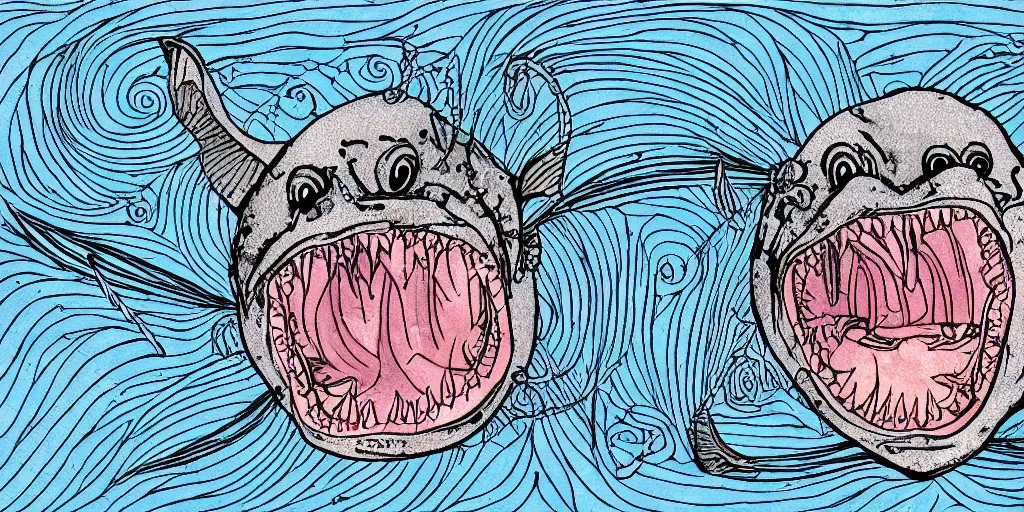 Image similar to illustration of an angler fish, deep sea, large mouth filled with pointed teeth, stylized linework, ornamentation, artistic, muted color wash