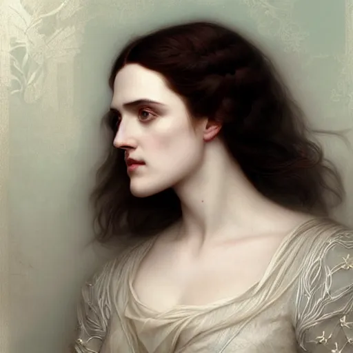 Prompt: beautiful striking Pre-Raphaelite Katie McGrath by Artgerm and Greg Rutkowski, intricate, elegant, highly detailed, digital painting, pale