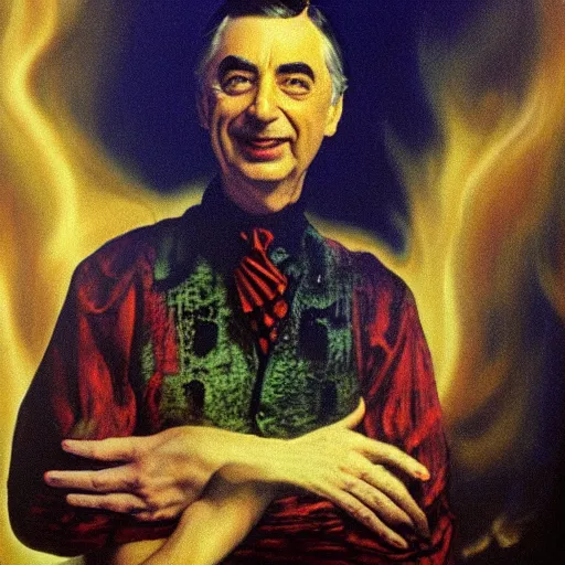 Prompt: fred rogers gothic horror chic portrait diffusion glow smoke fire, art by salvador dali