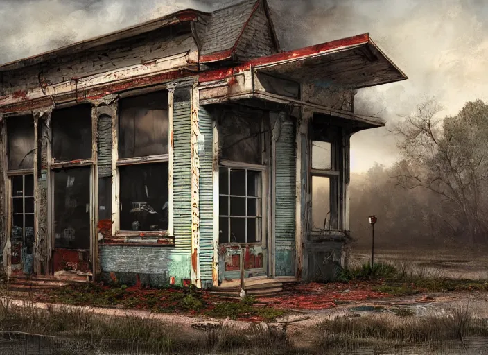 Image similar to exterior of an abandoned american diner, taken over by nature, gothic style, hyperrealistic and beautiful painting, 8 k resolution, by hugh ferris and john smith, polished, fine detail, intricate, smooth, octane, concept art, trending on artstation