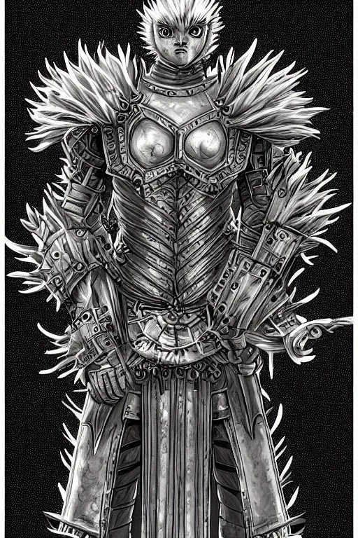 Image similar to armoured warrior dandelion monster, symmetrical, highly detailed, digital art, dandelion themed armour, sharp focus, trending on art station, kentaro miura manga art style